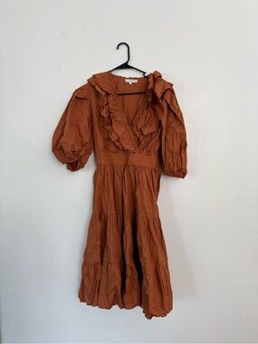 Ivy City Co Ruffle V-Neck Puff Sleeve Midi Dress — Rust Orange